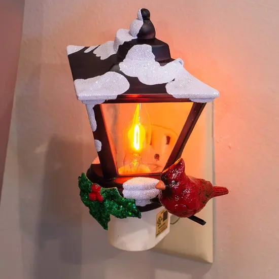 Roman Cardinal on a Snow Covered Street Lamp Flickering Christmas Night Light - 6" Black {4}