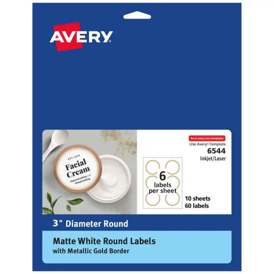 Avery Matte White Labels with Metallic Gold Borders, 3" Round Labels, 60 Total, Laser/Inkjet Printable Labels (6544) {1}
