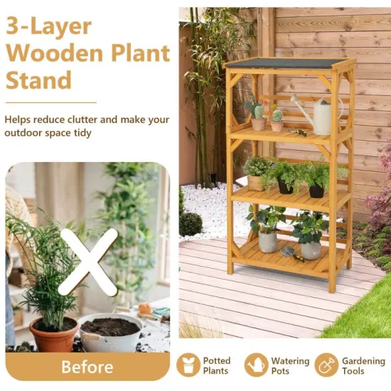 3-Tier Wooden Plant Stand with Weatherproof Asphalt Roof for Patio-Natural {3}