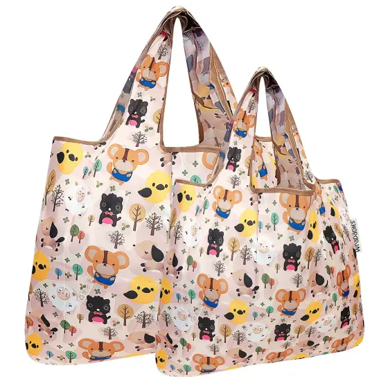 Wrapables Large & Small Foldable Tote Nylon Reusable Grocery Bags, Set of 2 Cuttie Animals {1}