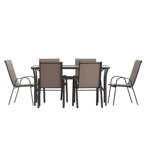 Merrick Lane Bardwell 7 Piece Outdoor Dining Table Set for 6 with Glass-Top Patio Table and 6 Stack Chairs with Flex Comfort Material Navy {7}