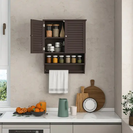 2-Doors Bathroom Wall-Mounted Medicine Cabinet with Towel Bar Brown {3}