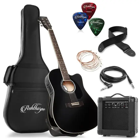 Ashthorpe Full-Size Thinline Cutaway Acoustic Electric Guitar Package with 10 Watt Amp {7}