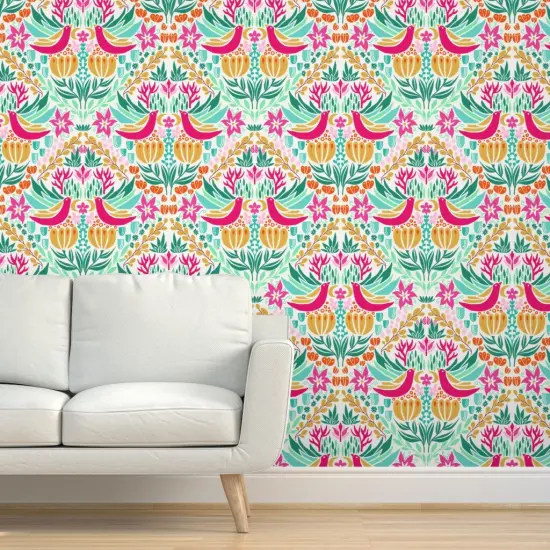 Peel & Stick Wallpaper 2FT Wide Colorful Birds Pink Green Boho Botanical Floral Custom Removable Wallpaper by Spoonflower {5}