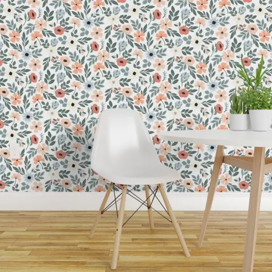 Peel & Stick Wallpaper 2FT Wide Coral Floral Sage Green Leaf Pretty Flowers Delicate Garden Custom Removable Wallpaper by Spoonflower {1}
