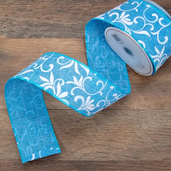 Northlight Blue with White Floral Design Wired Craft Ribbon 2.5" x 10 Yards {3}