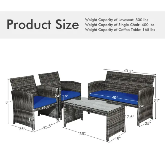 4 Pieces Patio Rattan Furniture Set with Glass Table and Loveseat Navy {5}