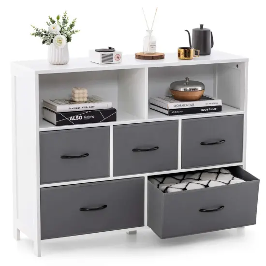 Costway 5/7-Drawer Dresser for Bedroom Chest of Drawers with 2 Large Fabric Bins White {7}