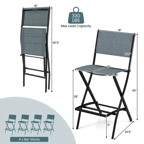 Costway Set of 4 Outdoor Bar Chair Folding Bar Height Stool with Metal Frame Blue/Coffee {3}