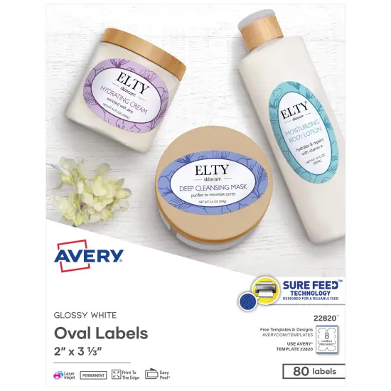 Avery Printable Blank Oval Labels, 2" x 3-1/3", Glossy White, 80 Customizable Labels (22820) {1}