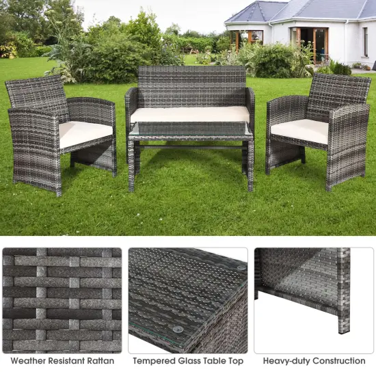 Costway 4PCS Patio Rattan Furniture Set Conversation Glass Table Top Cushioned Sofa, White {6}