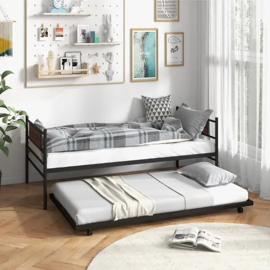 Twin Size Metal Daybed with Trundle and Wood Grain Headboard {2}