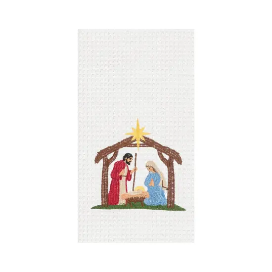 Nativity Scene Embroidered Cotton Waffle Weave Kitchen Dishtowel {1}