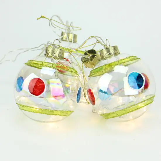 PENN LED Lighted Stripes and Dots Glass Christmas Ball Ornaments - 3.25" (80mm) - Clear - 4ct {1}