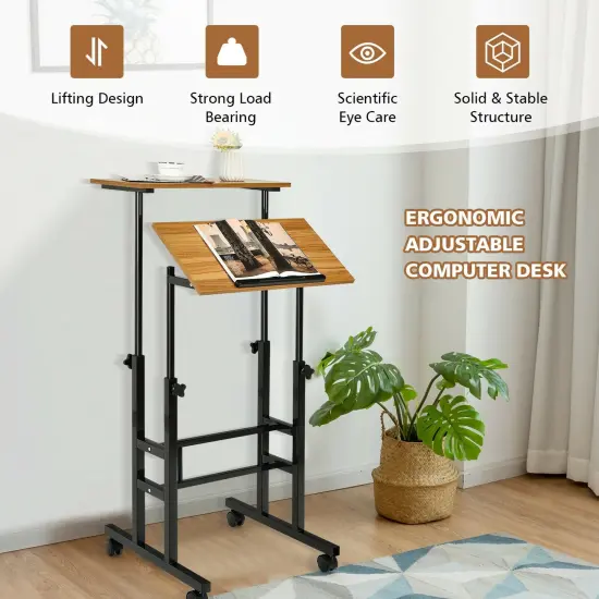 Height Adjustable Mobile Standing Desk with rolling wheels for office and home Walnut {3}