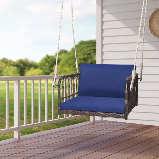 Costway Porch Swing Chair Rattan Woven Hanging Bench Seat with Cushions Hooks Balcony Navy {1}