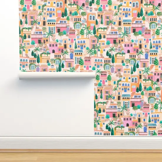 Pre-Pasted Wallpaper 2FT Wide Pink Lake Seaside Palm Trees Houses Garden Tropical Italian Hand Painted Villa Adventure Plants Medium Scale Custom Pre-pasted Wallpaper by Spoonflower {2}