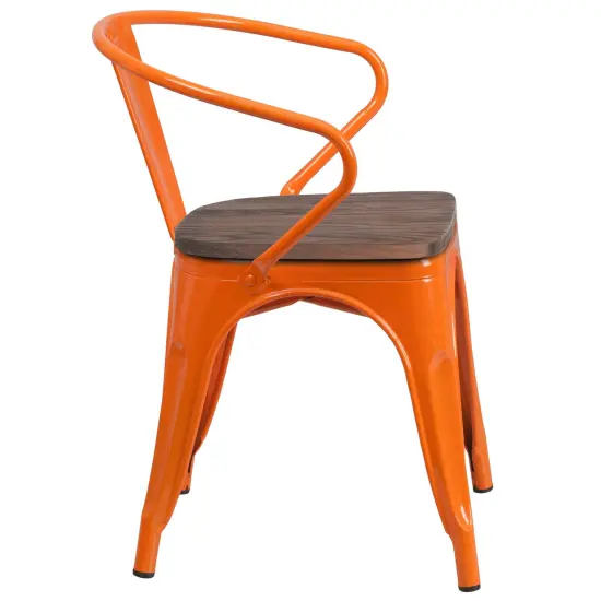Emma and Oliver Metal Chair with Wood Seat and Arms Orange {4}