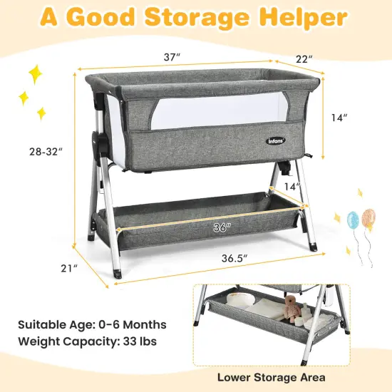Adjustable Baby Bedside Crib with Large Storage Dark Grey {5}