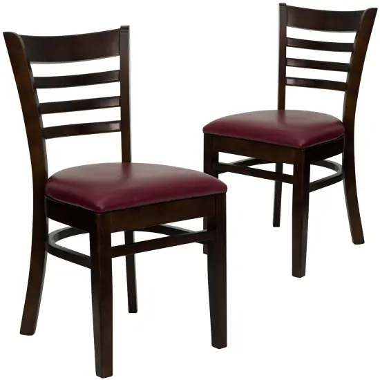 Emma and Oliver 2 Pack Ladder Back Wooden Restaurant Chair BurgundyVinyl/Walnut {1}