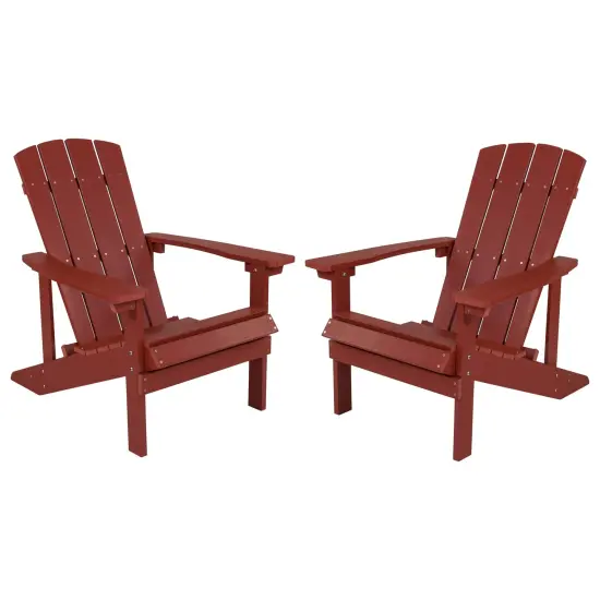 Emma and Oliver 2 Pack Outdoor All-Weather Poly Resin Wood Adirondack Chairs Red {1}
