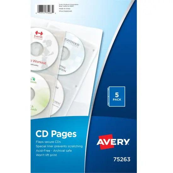 Avery Clear DVD Storage Sleeves for 3 Ring Binder, Two-Sided, Pack of 5 Holds 20 CD/DVDs Total (75263) {1}