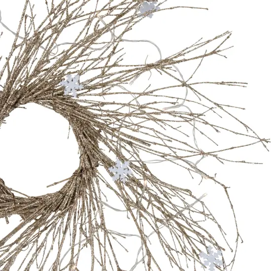 Northlight Pre-lit Glittered Twig and Snowflake Christmas Wreath - 28" - Warm White LED Lights Gold {5}