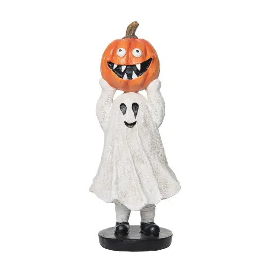 3.35" Kid Ghost Costume Holding Jack-O-Lantern Cute Halloween Figurine {1}