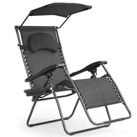 Folding Recliner Lounge Chair with Shade Canopy Cup Holder Black {1}