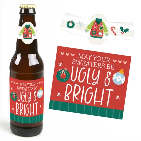 Big Dot of Happiness Colorful Christmas Sweaters - Ugly Sweater Holiday Party Decorations - 6 Beer Bottle Label Stickers and 1 Carrier {7}