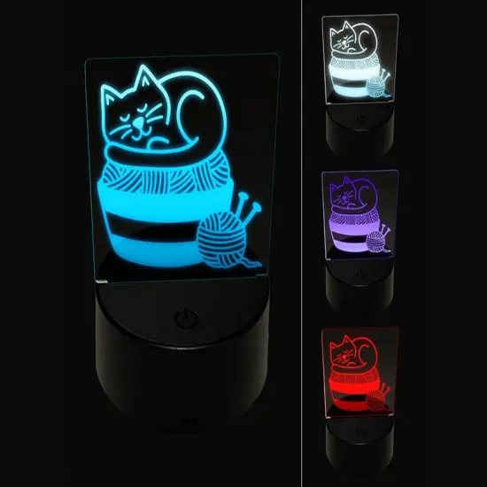 Cat Sleeping on Basket of Yarn Knitting 3D Illusion LED Night Light Sign Nightstand Desk Lamp {1}
