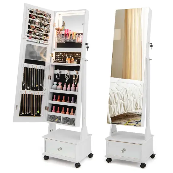 Costway Jewelry Cabinet Armoire Full-Length Mirror Lockable with 3-Color LED Lights Brown/Coffee/White {1}