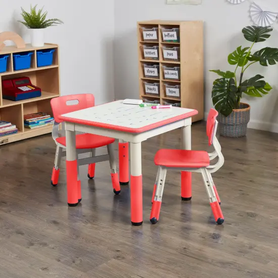 Square Dry-Erase Activity Table and 2 Adjustable Height Plastic Chairs, 3-Piece Red {6}