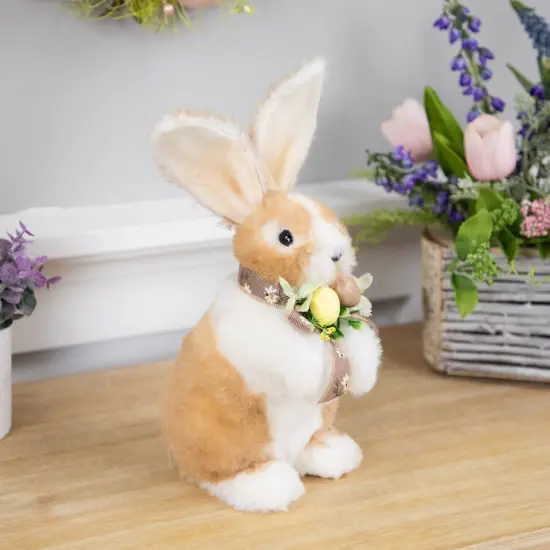 Northlight Plush Rabbit with Floral Bow Easter Figurine - 10.25" Brown {3}