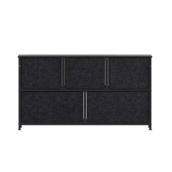 Emma and Oliver Marley 5 Drawer Storage Dresser with Cast Iron Frame, Wood Top and Easy Pull Fabric Drawers with Wooden Handles BlackDrawer/Black {4}