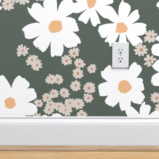Pre-Pasted Wallpaper 2FT Wide Summer Daisies Boho Daisy Flowers Green Modern Blossom Custom Pre-pasted Wallpaper by Spoonflower {4}