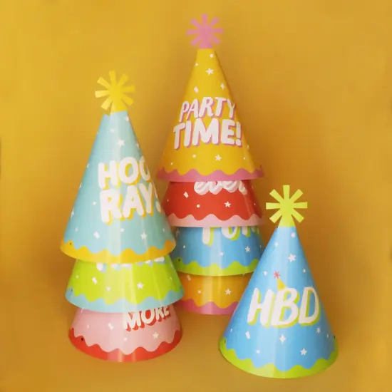 Big Dot of Happiness Party Time - Cone Happy Birthday Party Hats for Kids and Adults - Set of 8 (Standard Size) {7}