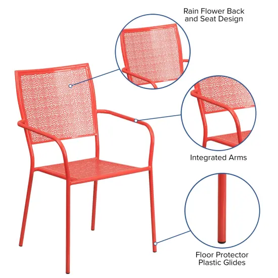 Emma and Oliver Commercial Grade Colorful Metal Patio Arm Chair with Square Back Coral {2}