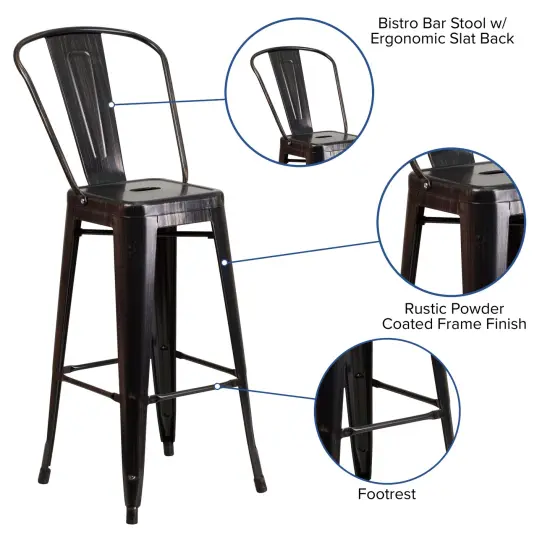 Merrick Lane Dothan Series Metal Stool with Removable Back for Indoor-Outdoor Use Black-Antique Gold {4}