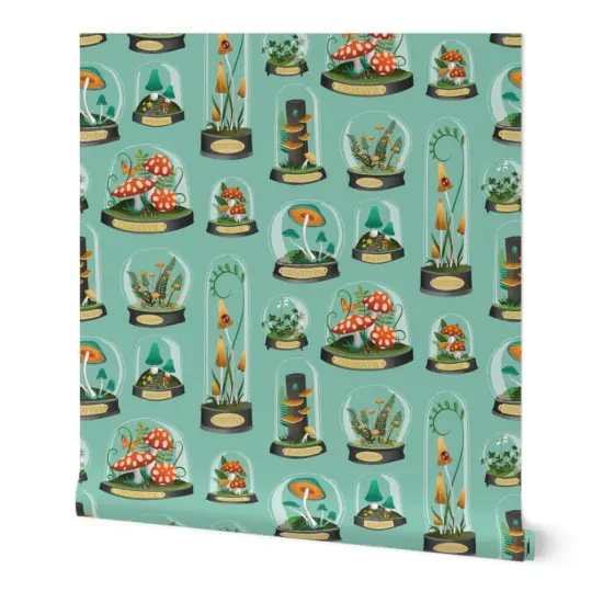 Peel & Stick Wallpaper 2FT Wide Whimsical Nature Small Scale Toadstool Forest Forage Plants Greenhouse Blue Green Custom Removable Wallpaper by Spoonflower {7}