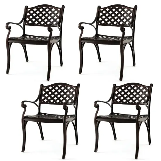 Costway 2/4 PCS Cast Aluminum Patio Chairs Set of 2 All Weather Outdoor Dining Chairs with Armrests Bronze {8}