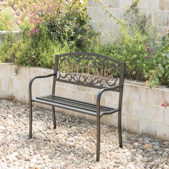 Steel Outdoor Patio Garden Park Seating Bench with Cast Iron Welcome Backrest, Front Porch Yard Bench Lawn Decor {4}