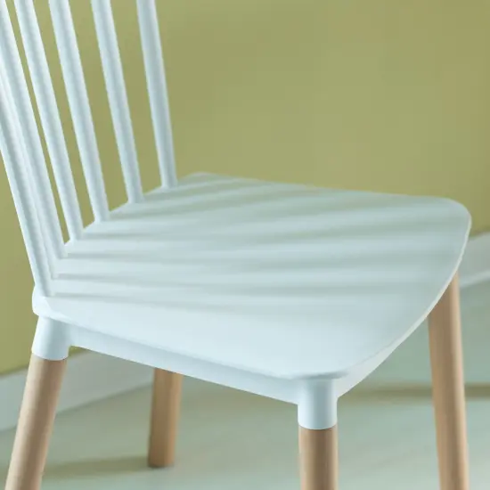 Modern Plastic Dining Chair Windsor Design with Beech Wood Legs Single White {5}