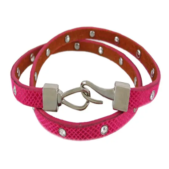 Fuchsia Leather Python Triple Wrap Rhinestone Bracelet {1}