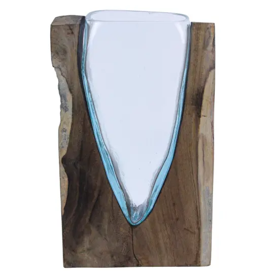 14 Inch Natural Wood Stand Blown Glass Vase Rustic Flower Centerpiece Home Decor {5}