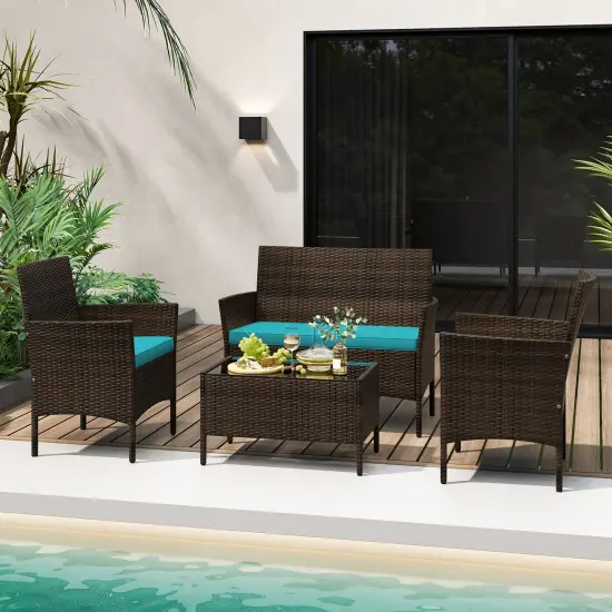 4 Piece Patio Rattan Conversation Set With Cozy Seat Cushions Turquoise {1}