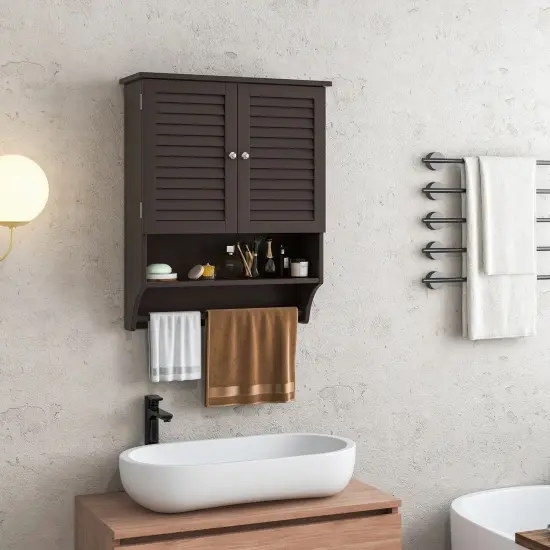 2-Doors Bathroom Wall-Mounted Medicine Cabinet with Towel Bar Brown {2}