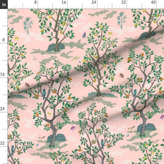 Various Fabrics by the Yard or Fat Quarter Chinoiserie Pink Botanical Nature Oranges Lemons Birds Custom Printed Fabric by Spoonflower {1}