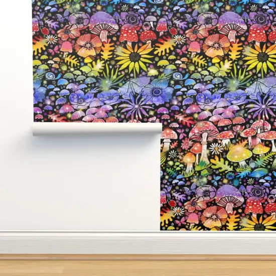 Peel & Stick Wallpaper 2FT Wide Rainbow Mushrooms Colorful Sunflower Anemone Botanical Woodland Red Blue Custom Removable Wallpaper by Spoonflower {2}
