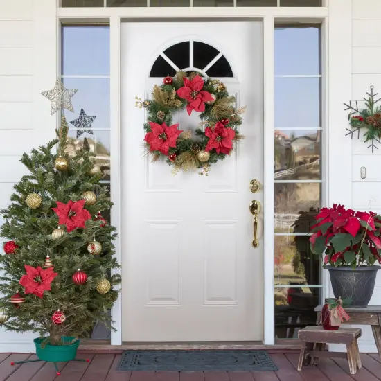 Northlight Poinsettias and Ball Ornaments Artificial Christmas Wreath - 24" - Unlit Red {3}